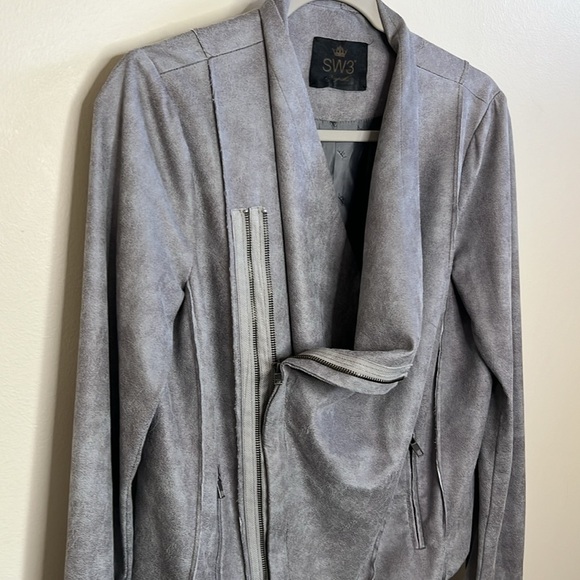SW3 Bespoke GRAY SUEDE LEATHER-LOOK FAUX MOTO BIKER JACKET Size Large - Picture 2 of 14